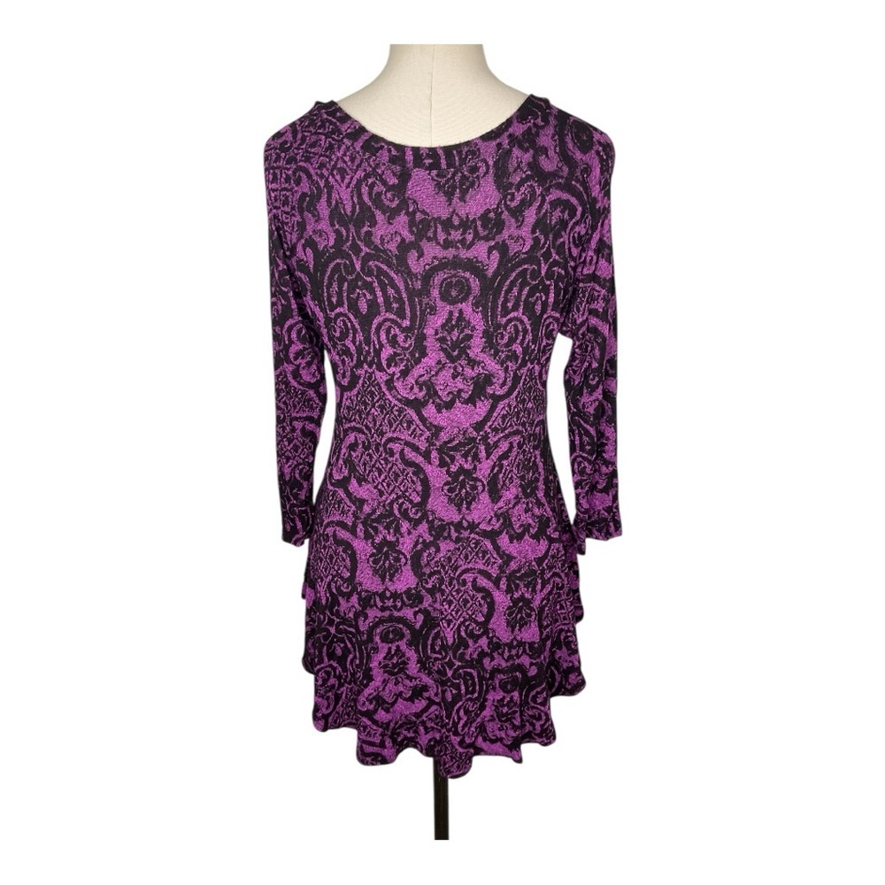 Tianello Purple Black Damask Tunic Top 3/4 Sleeve Flowy M - Picture 3 of 7